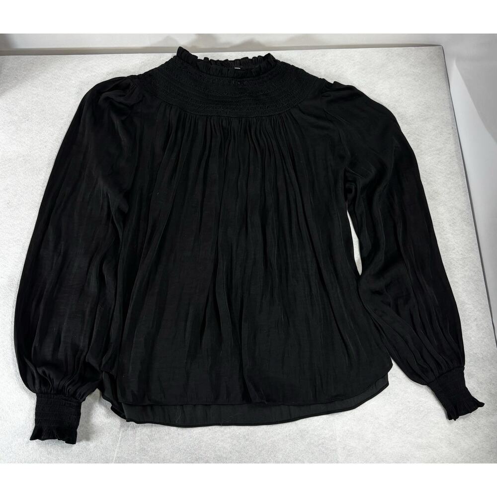 Gibson Latimer Black Smocked Mock Neck Blouse Balloon Sleeve Medium